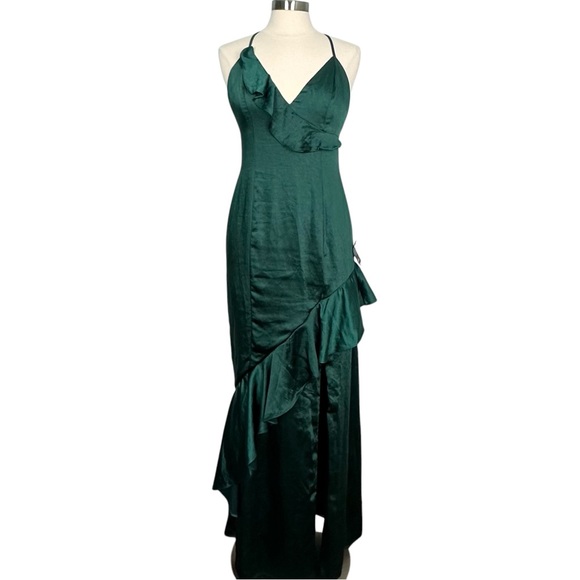 NWT Lulus Lucky Lady Hunter Green Satin Ruffled Maxi Dress Size M (6-8) - Picture 2 of 15